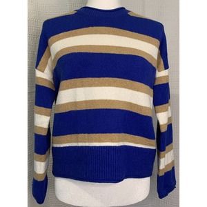 Madwell Womens Sweater Stripes Blue Tan White Round Neck Size XS Stretchy